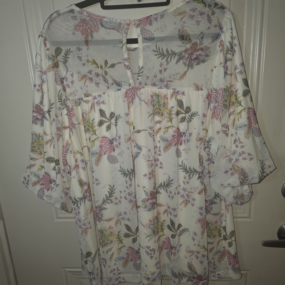 Floral Peasant Blouse in Cream and‎ Pink - Semi Sheer Bubble Sleeve - Picture 13 of 13